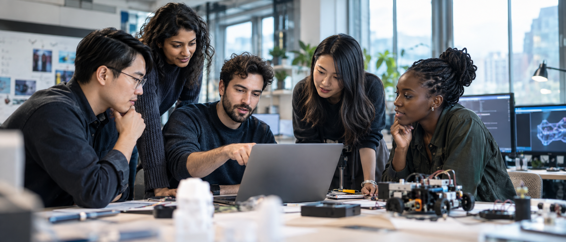 A diverse technology team collaborating on software and intelligent systems